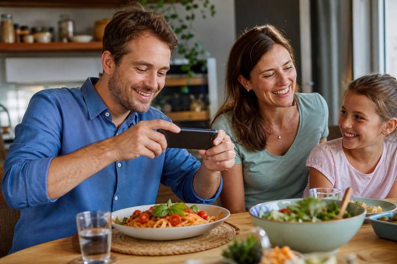 Vater fotografiert mit dem Smartphone das Essen am Familien-Esstisch – fröhliche deutsch-österreichische Alltagssituation.