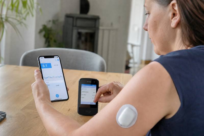 Europäischer Elternteil prüft den App-Richtwert am Telefon und gibt die Dosis ruhig selbst an einer Omnipod-ähnlichen Insulinpumpe ein.